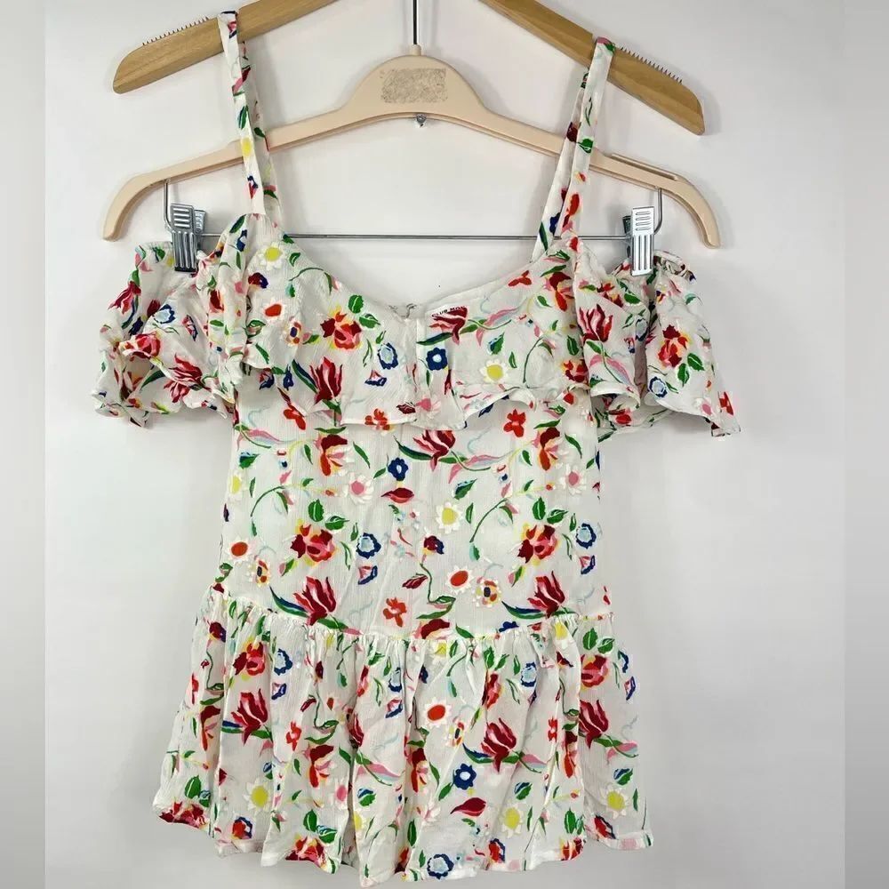 Club Monaco Cold Shoulder Ruffle floral Tie- Waist Top XS